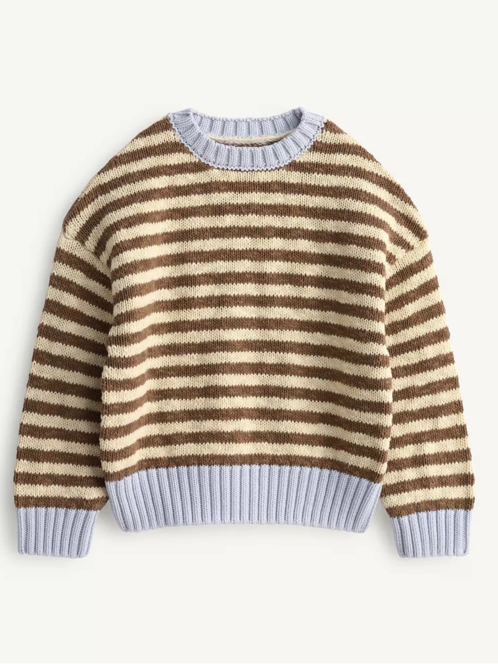 Zara Brown and Cream Striped Sweater with Light Blue Trim